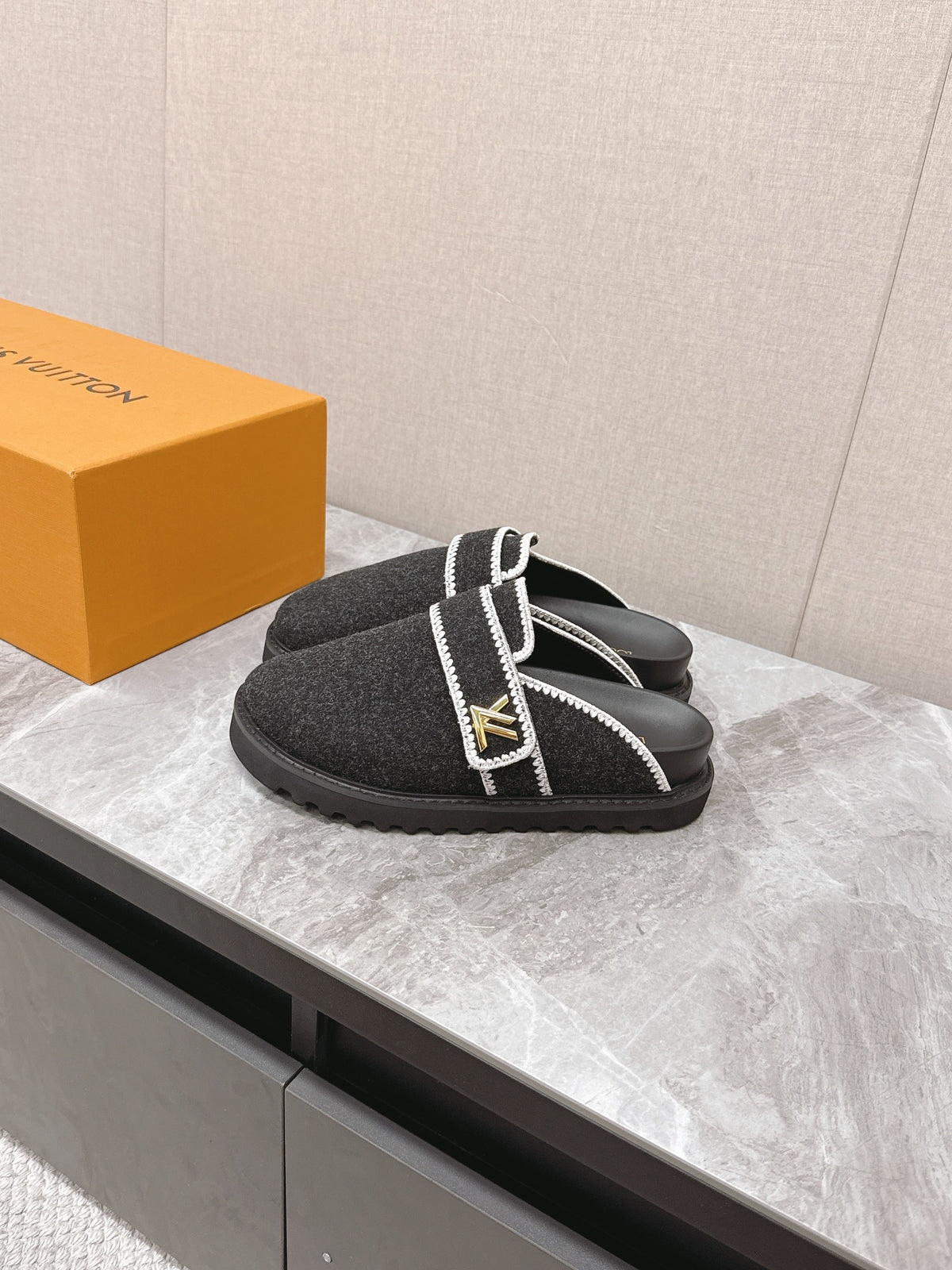 LV Women Black Felt Leather Trim Mules