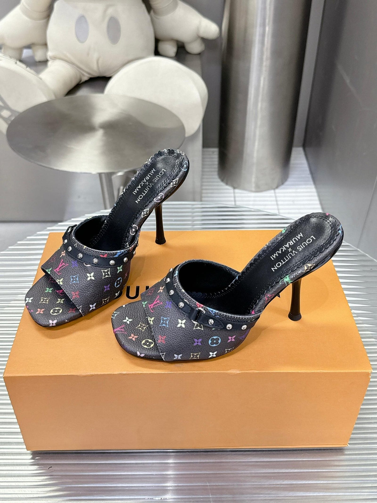 LV Women Black Leather Multicolor Logo Mules