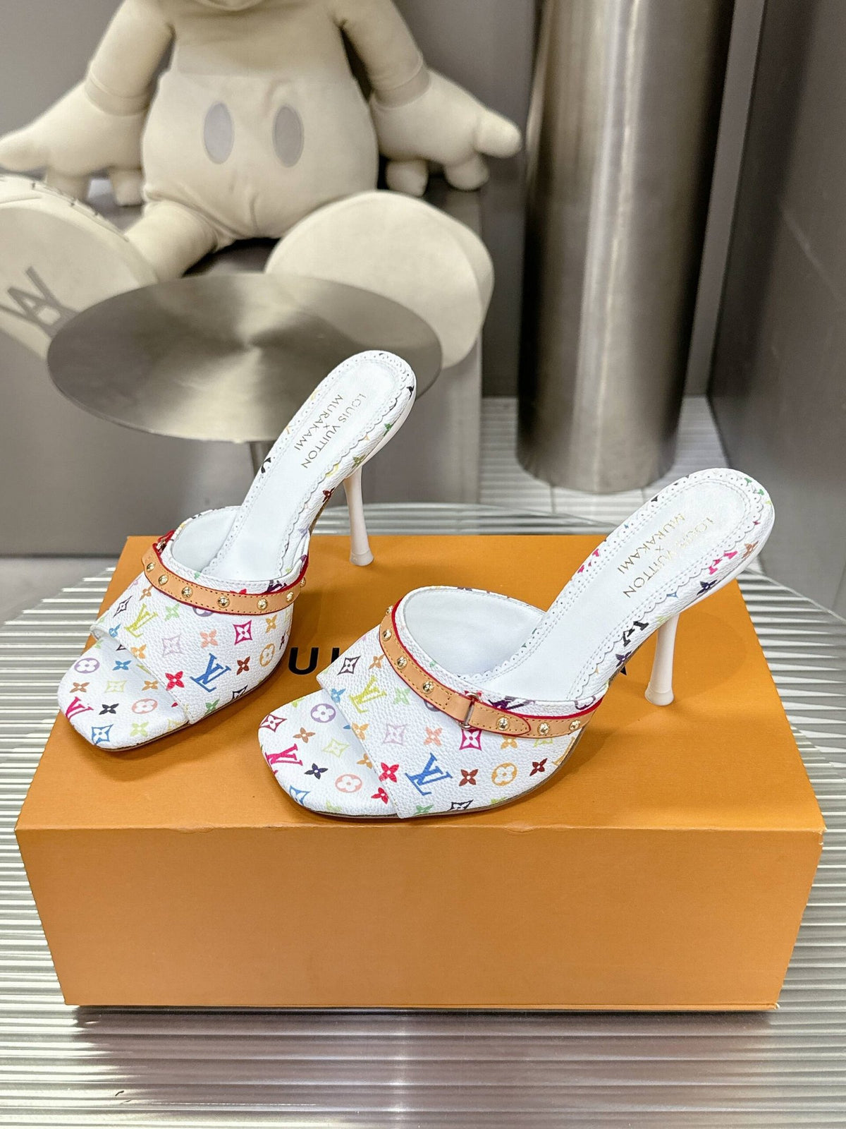 LV Women White Multicolor Printed Leather Mules