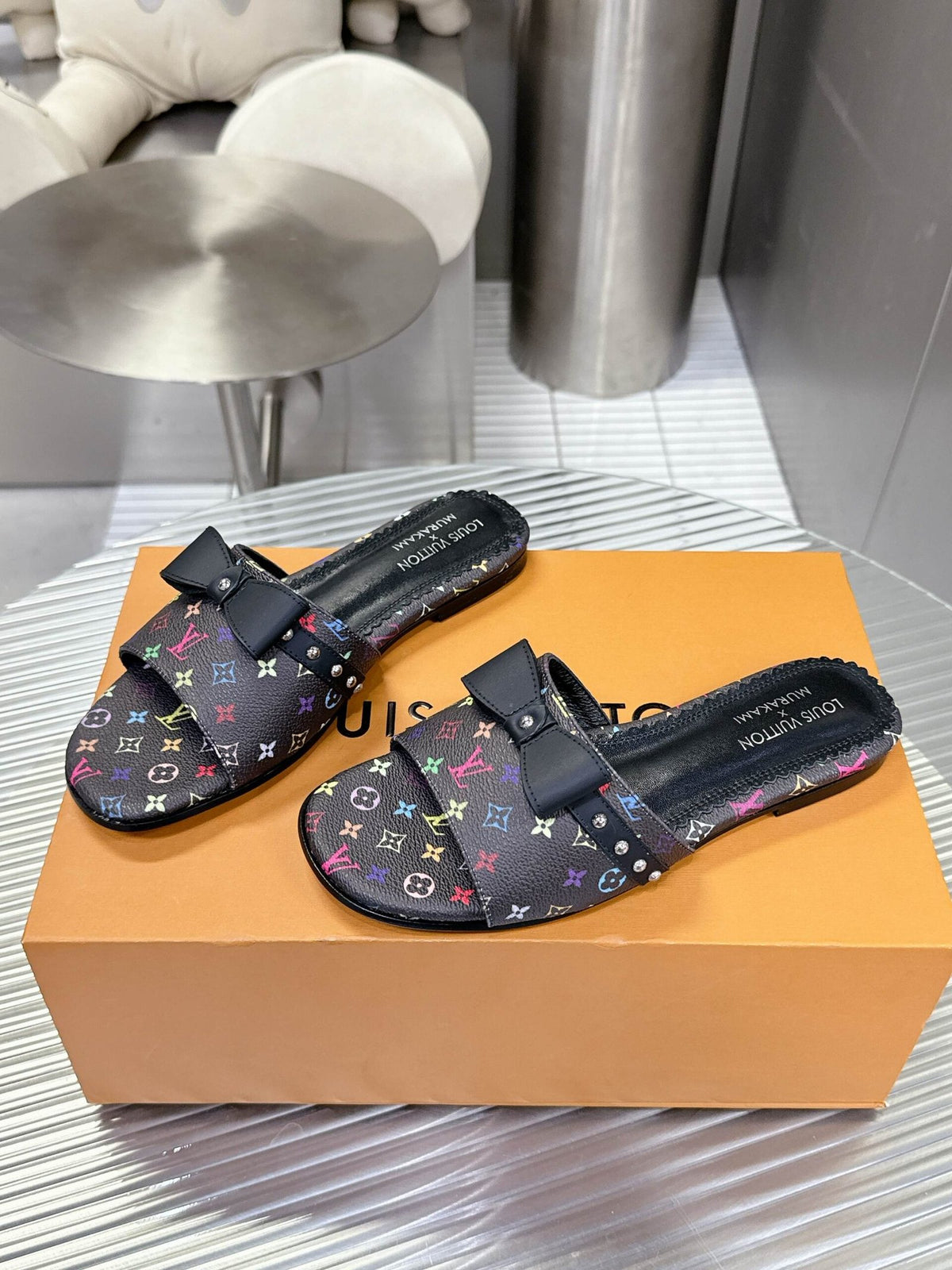 LV Women Black Patterned Leather Bow Slide Sandals