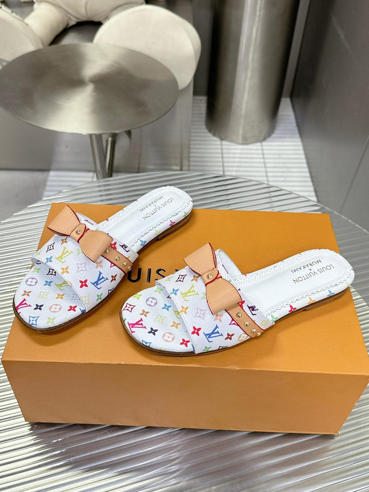 LV Women White Leather Multicolor Monogram Mules
