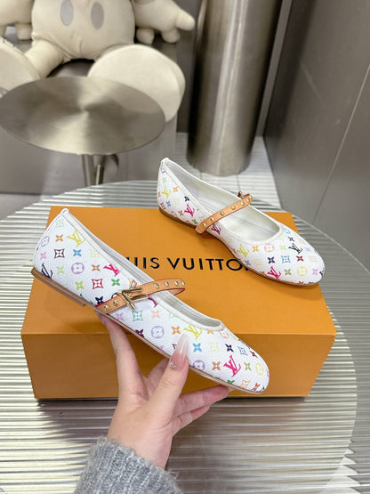 LV Women White Canvas Multicolor Print Leather Strap Flats