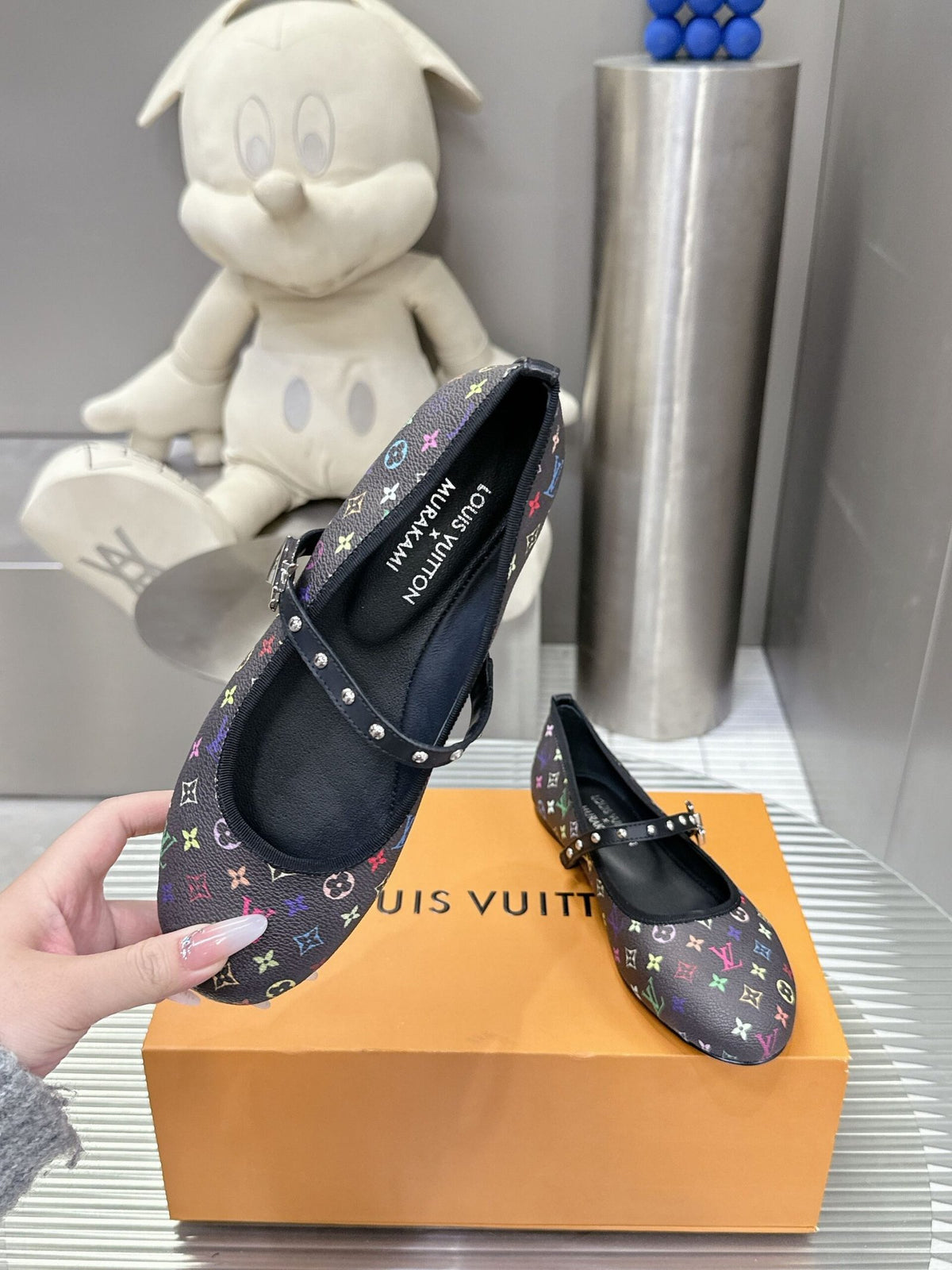 LV Women Black Leather Multicolor Monogram Mary Jane Flats