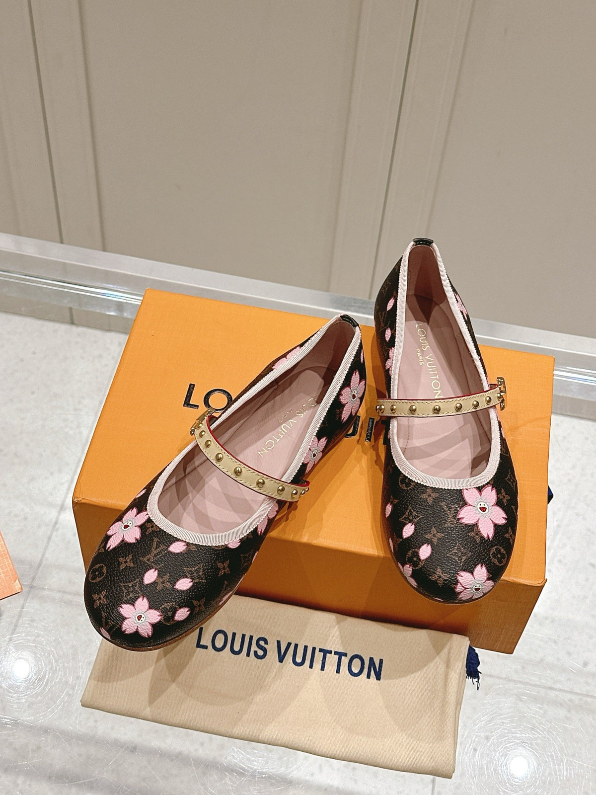 LV Women Brown Canvas Pink Floral Patterned Flats