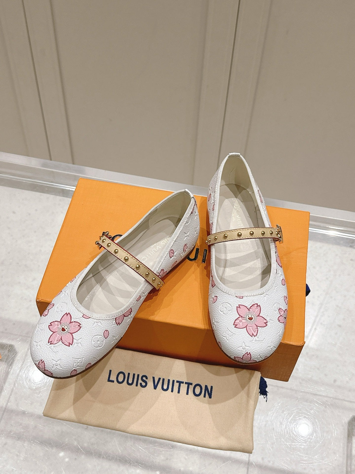 LV Women White Leather Pink Floral Mary Janes