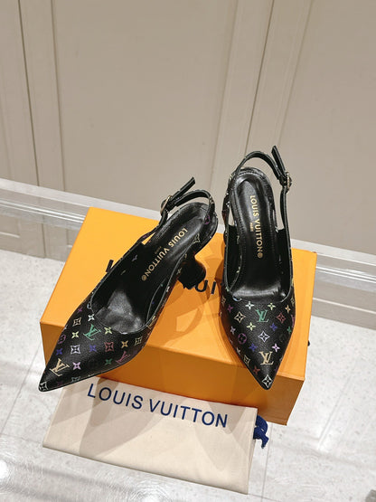 LV Women Black Patterned Leather Heels