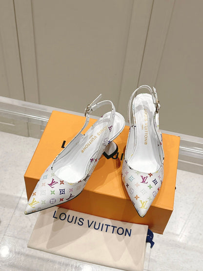 LV Women White Leather Multicolor Logo Heels