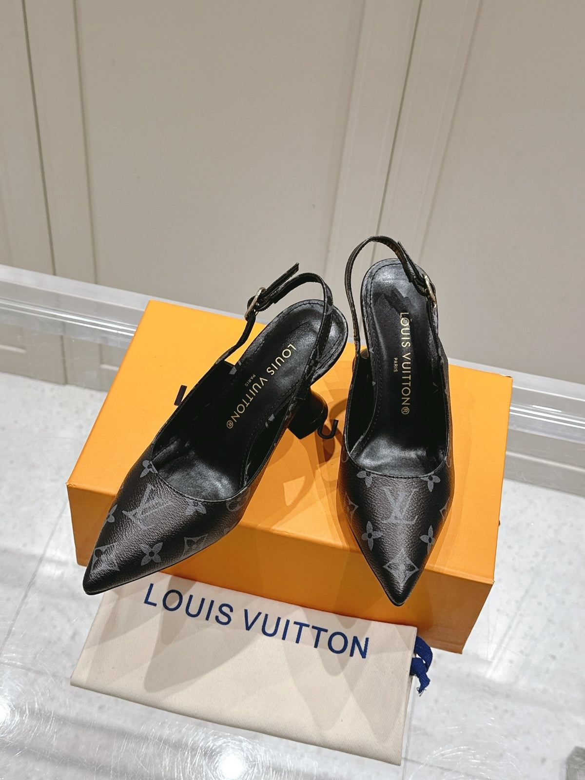 LV Women Black Patterned Leather Heels
