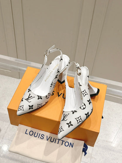 LV Women White Leather Monogram Slingback Heels