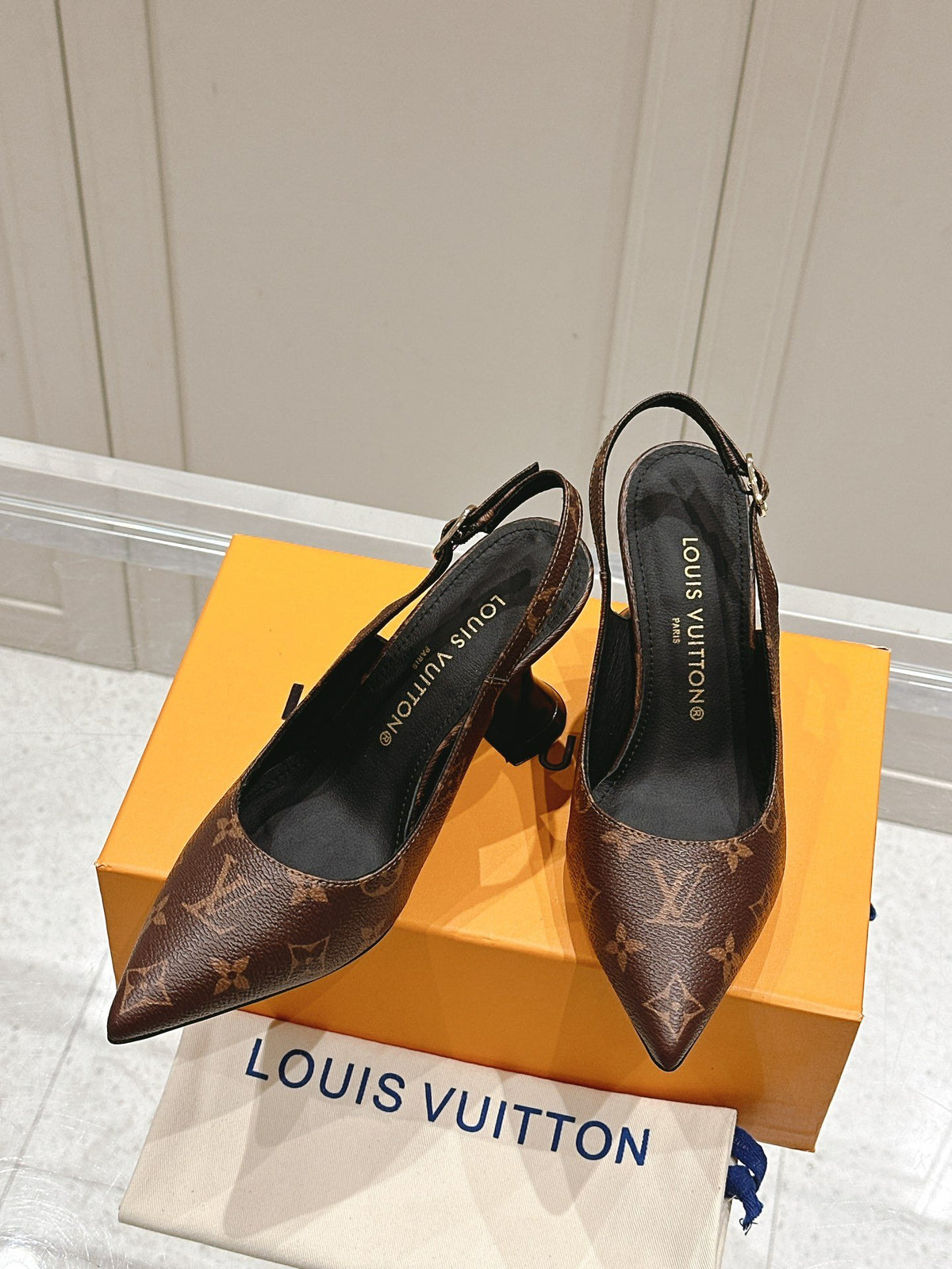 LV Women Brown Leather Patterned Slingback Heels