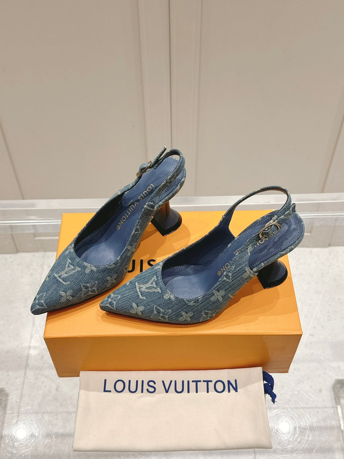 LV Women Blue Denim Leather Trim Slingback Heels
