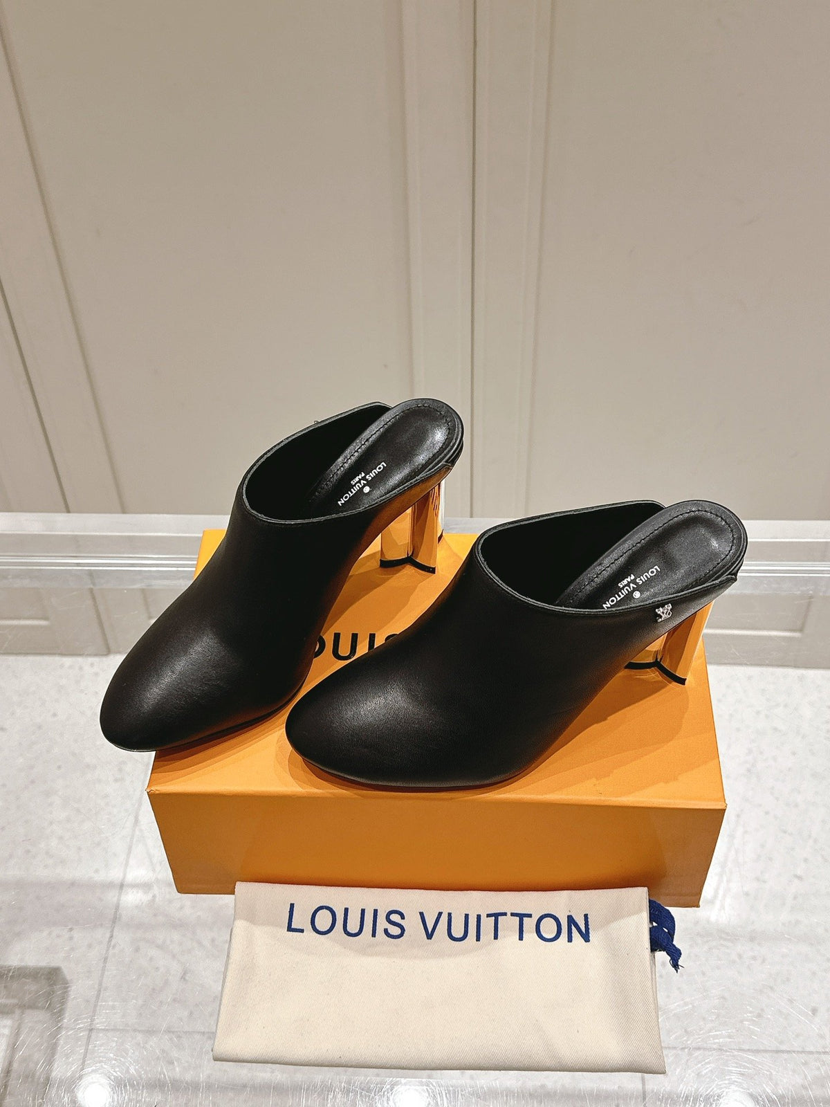 LV Women Black Leather Mules Heels