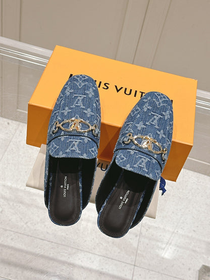 LV Women Blue Denim Leather Mules