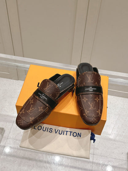 LV Women Brown Leather Monogram Mules