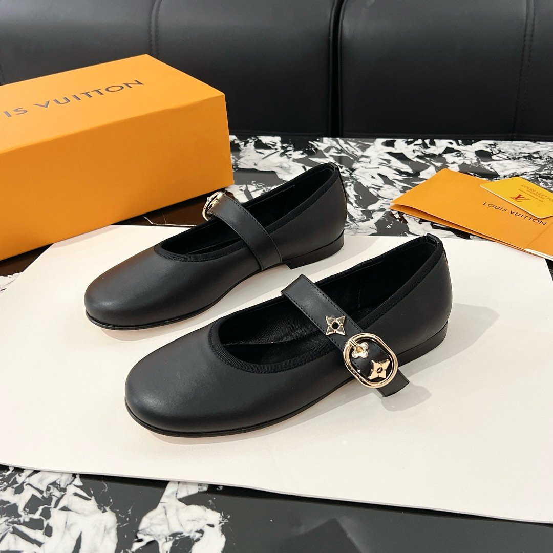 LV Women Black Leather Mary Jane Flats