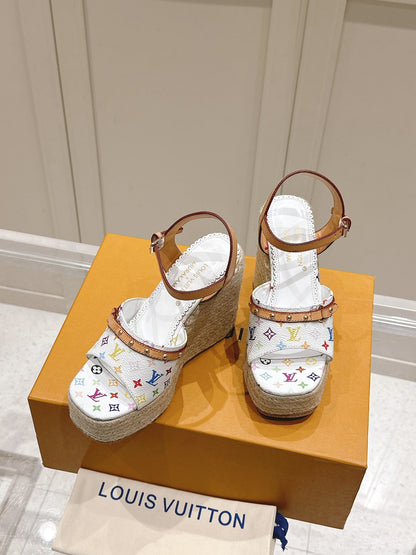LV Women White Leather Multicolor Print Wedge Sandals