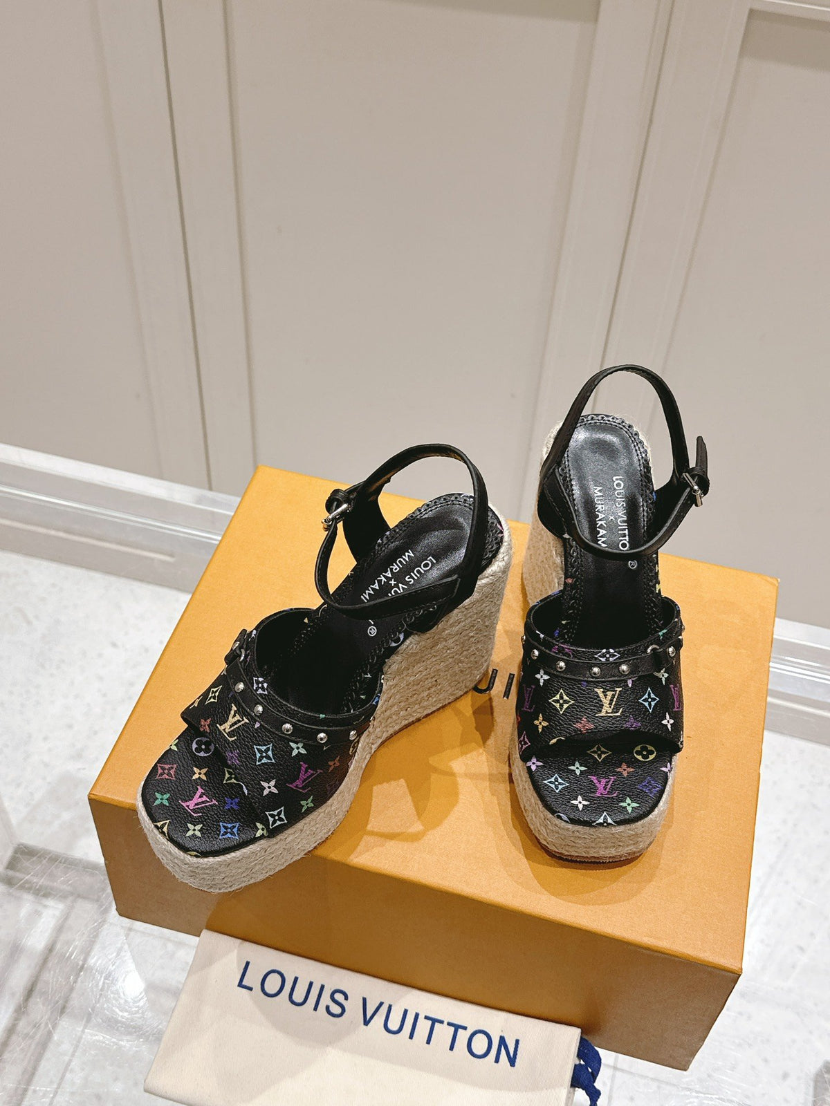 LV Women Black Leather Espadrille Wedge Sandals