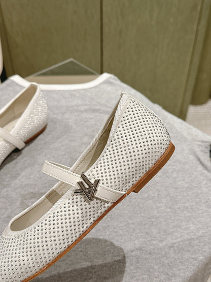 LV Women White Mesh Mary Jane Flats