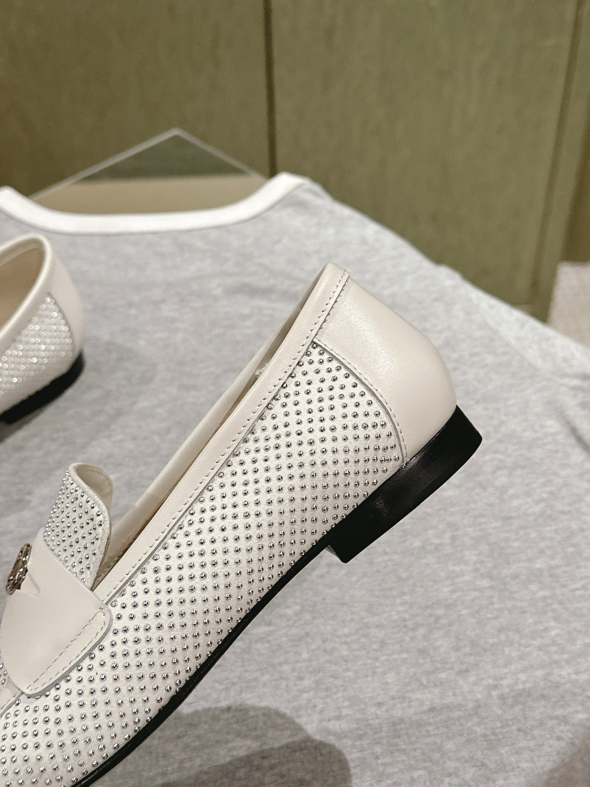 LV Women White Leather Studded Loafers