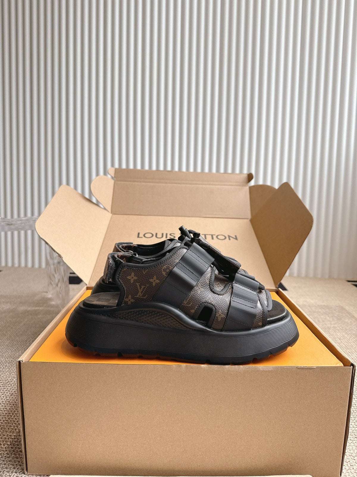 LV Women Brown Leather Patterned Sandals