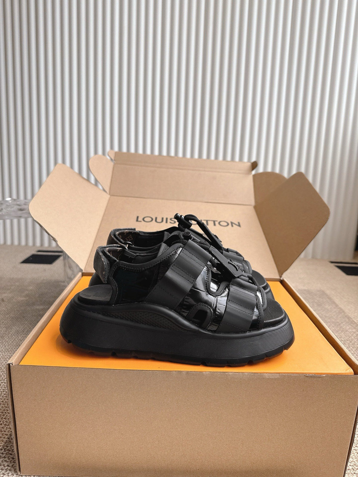 LV Women Black Leather Sporty Sandals