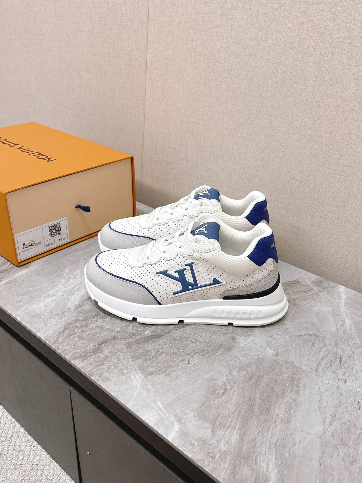 LV Women White Leather Sneakers With Blue Accents