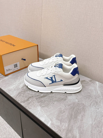 LV Women White Leather Sneakers With Blue Accents