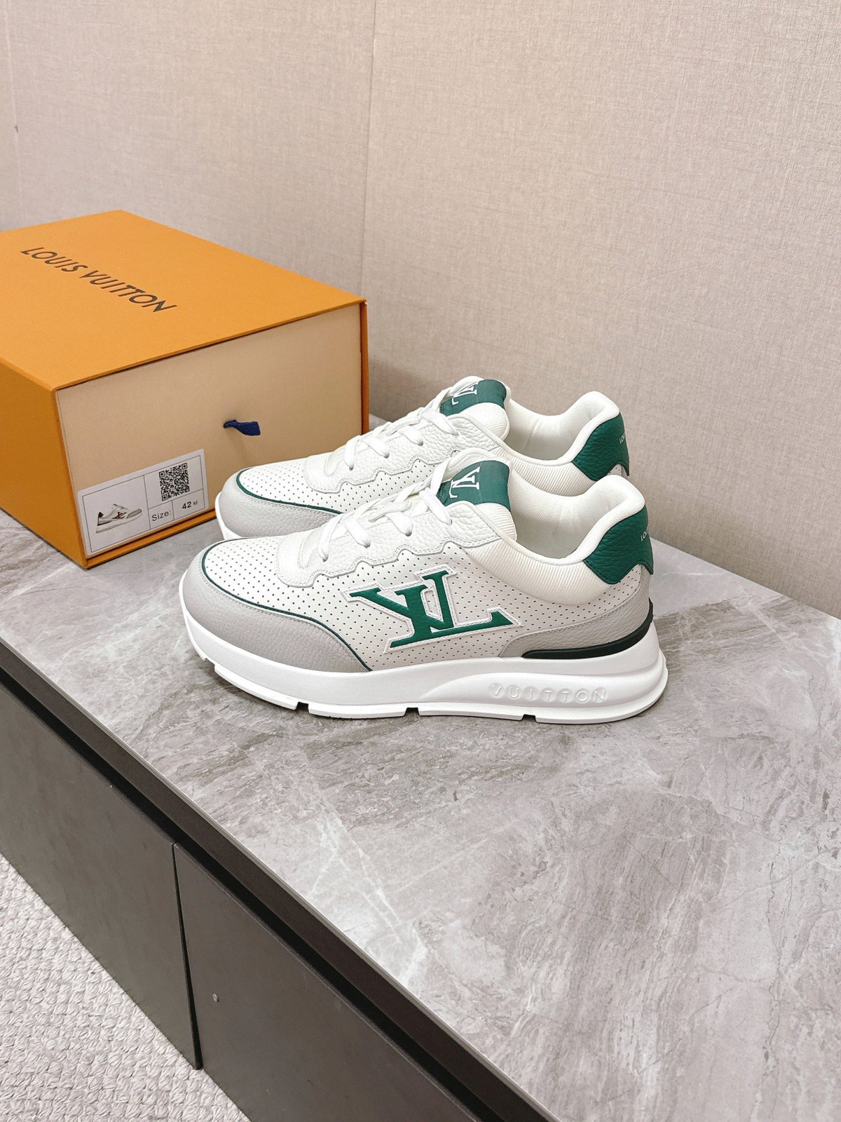 LV Women White Leather Green Accent Sneakers