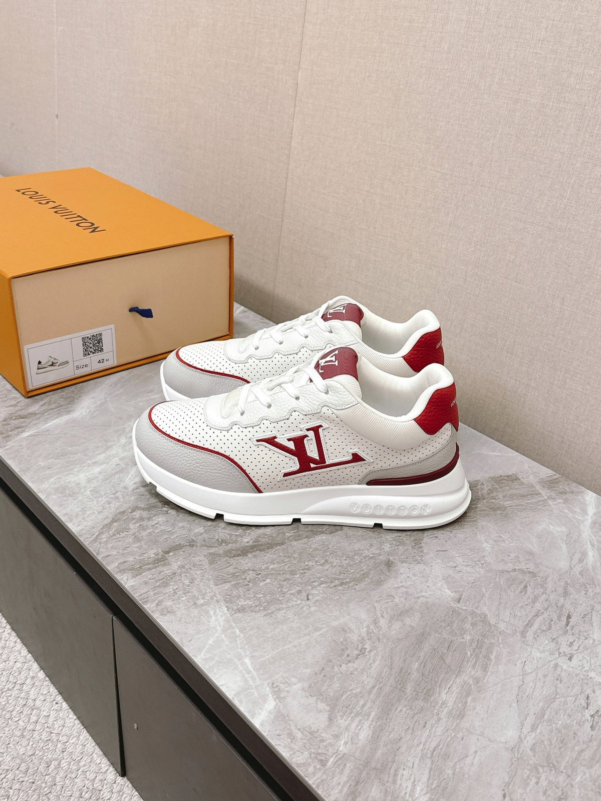 LV Women White Leather Red Accent Sneakers