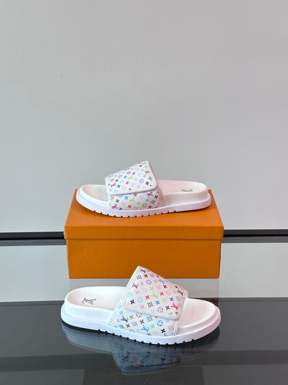 LV Men White Patterned Leather Slides
