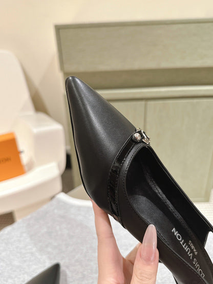 LV Women Black Leather Slingback Heels