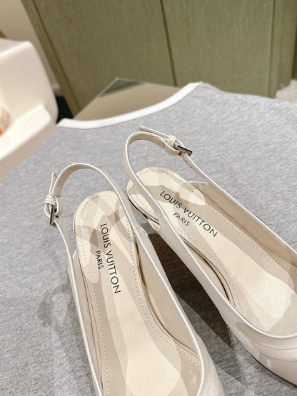 LV Women White Leather Pointed Slingback Heels