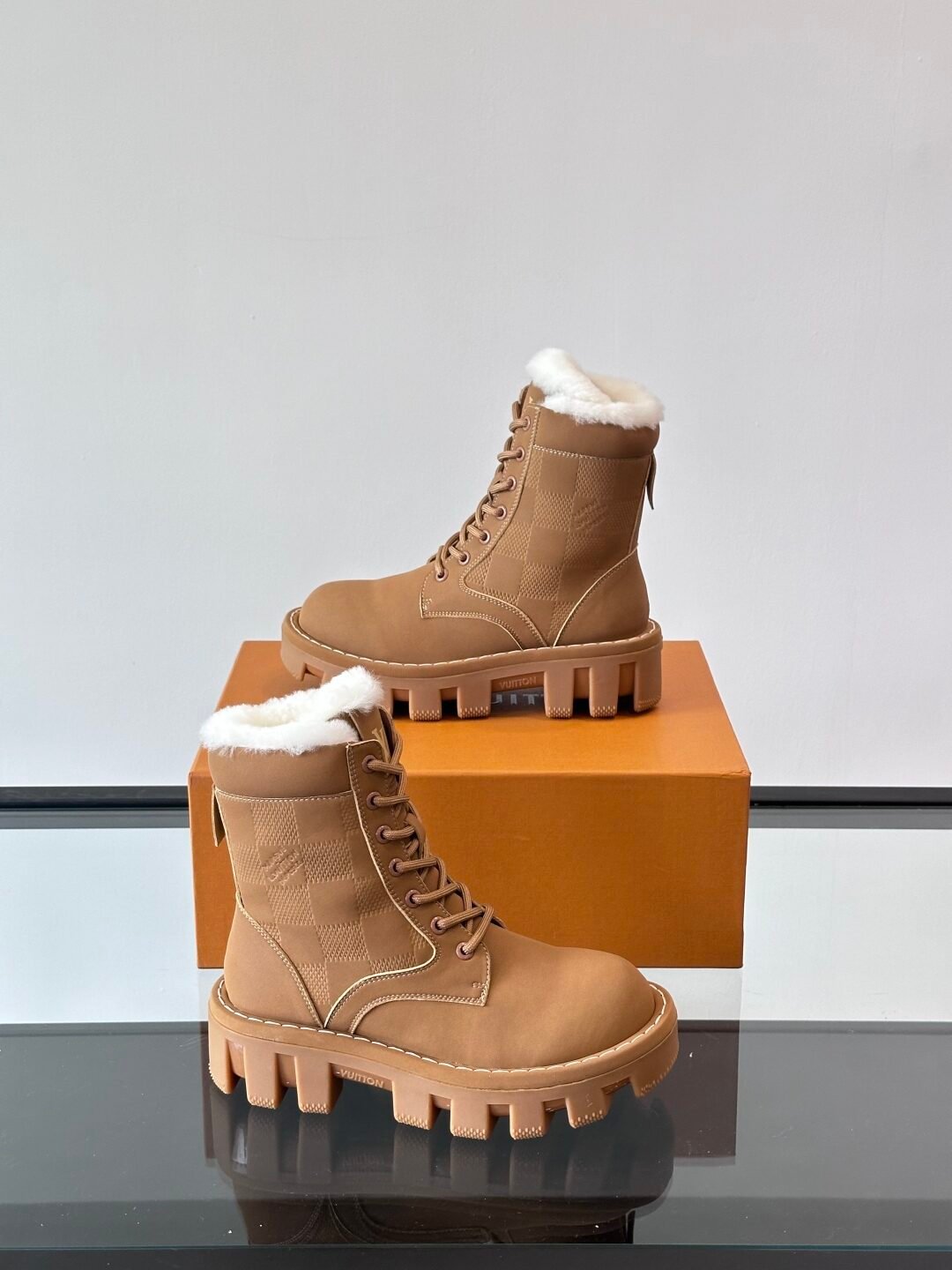 LV Men Tan Leather Fur-Lined Boots