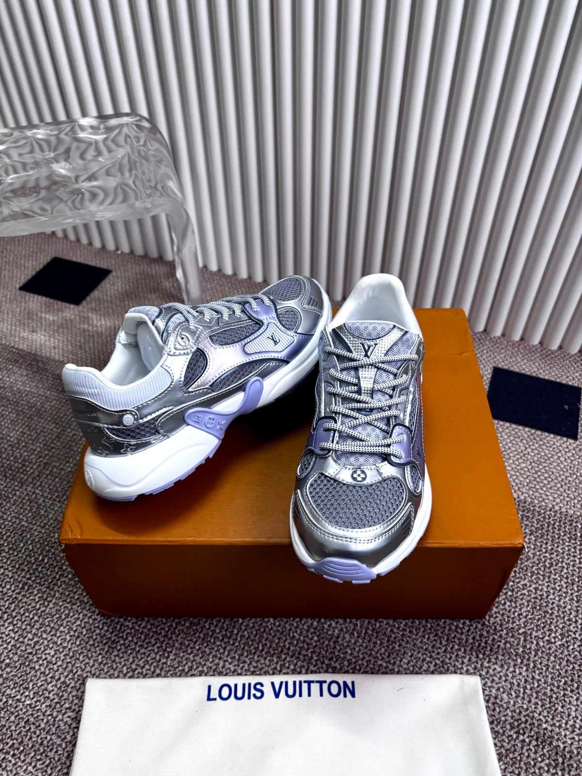 LV Women Silver Mesh And Leather Sneakers