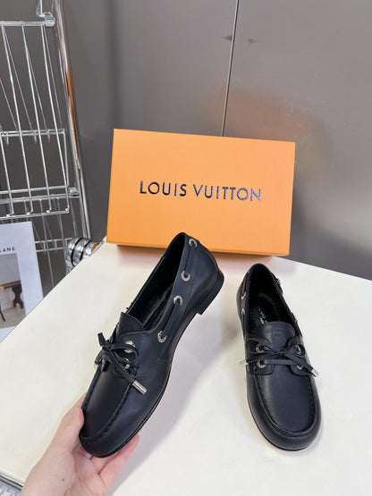 LV Women Black Leather Loafers