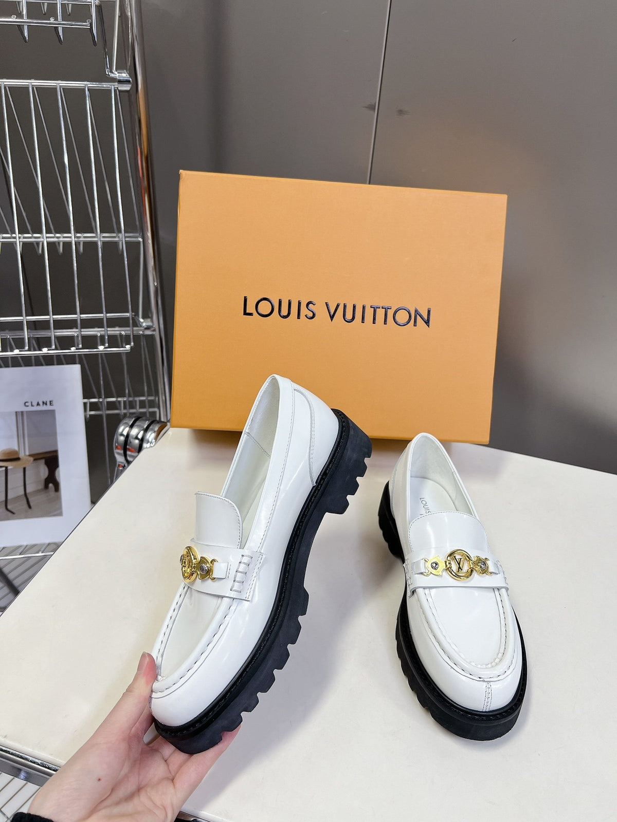 LV Women White Leather Loafers