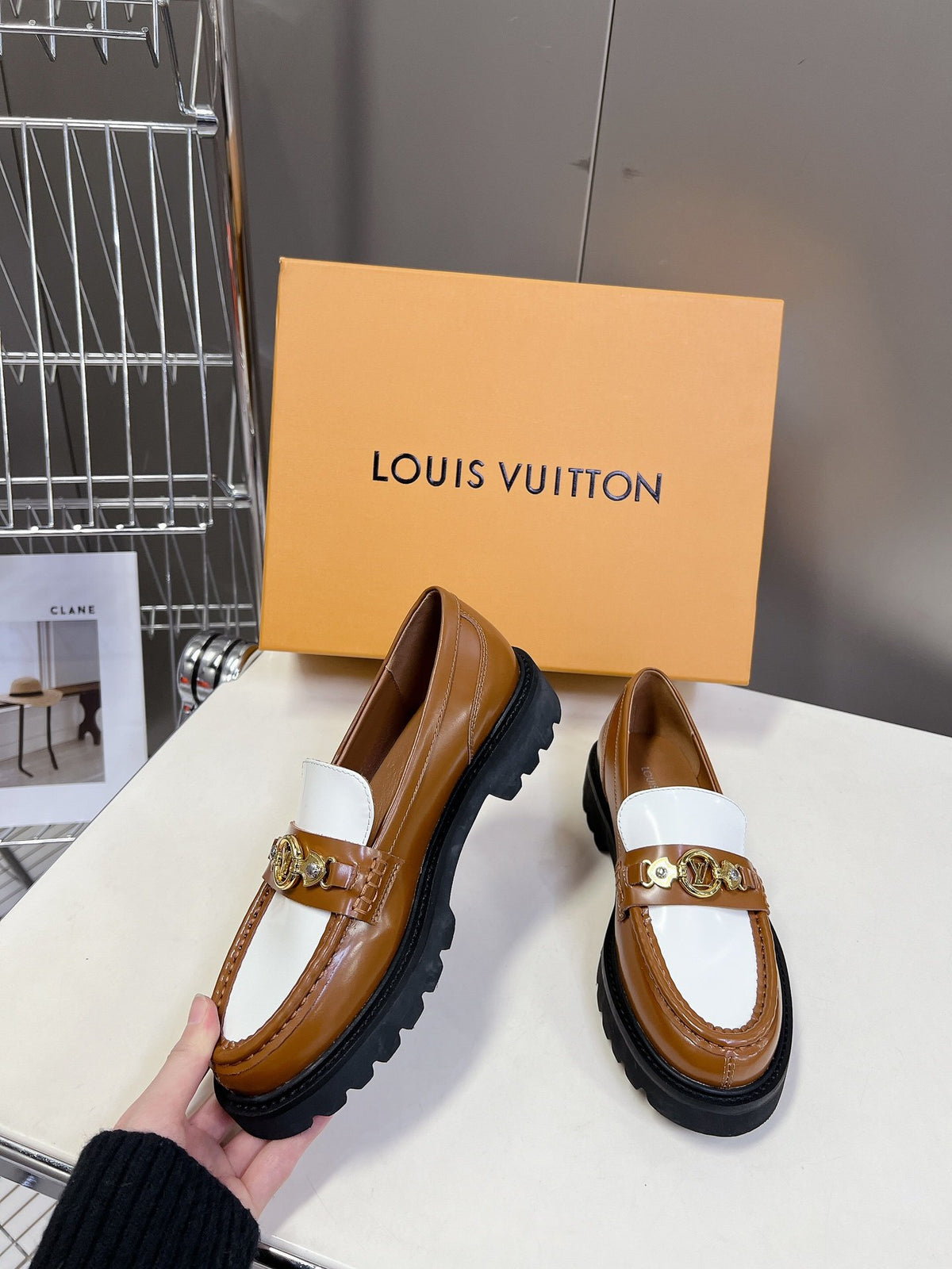LV Women Brown White Leather Loafers