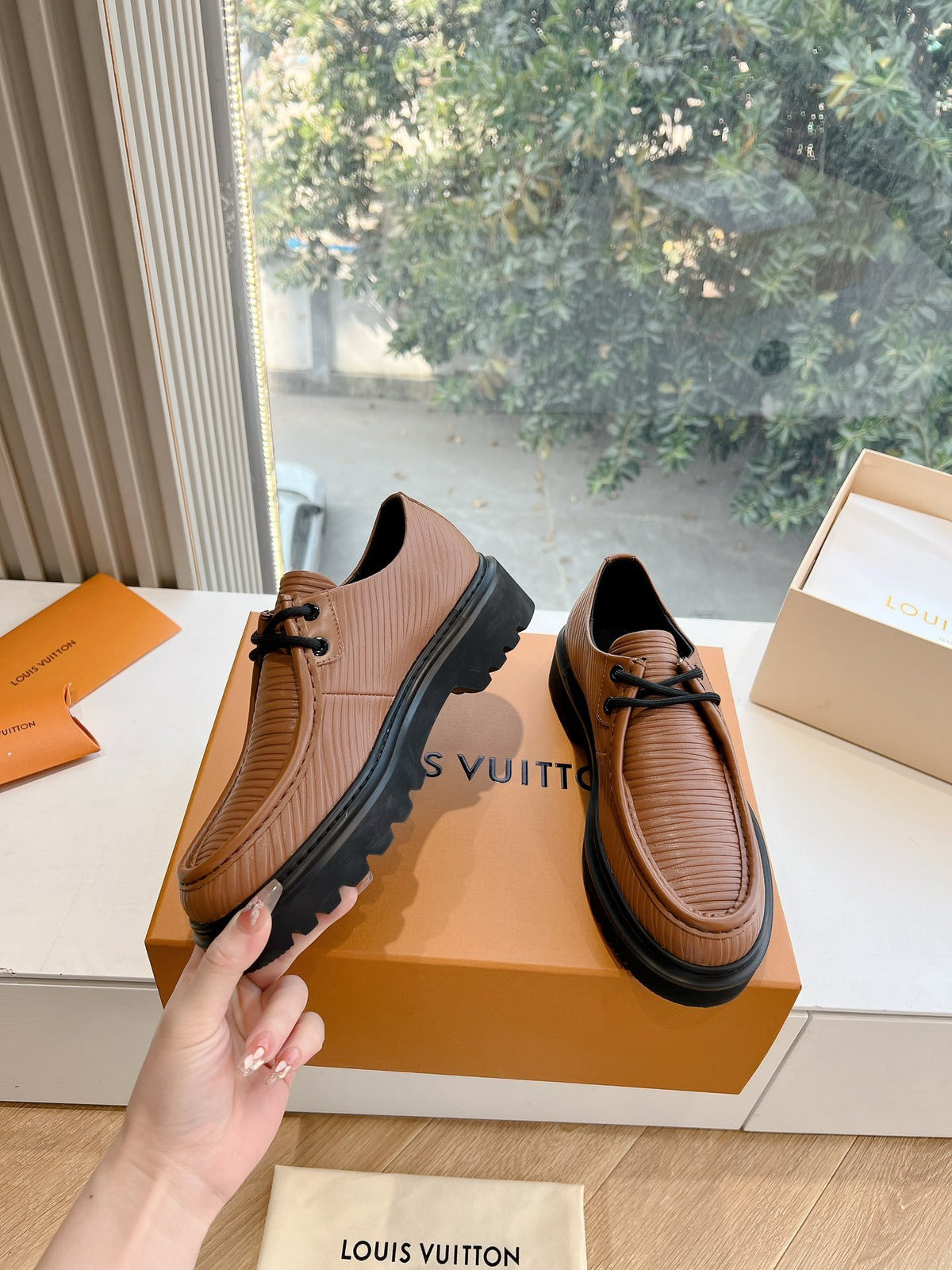 LV Women Brown Textured Leather Loafers