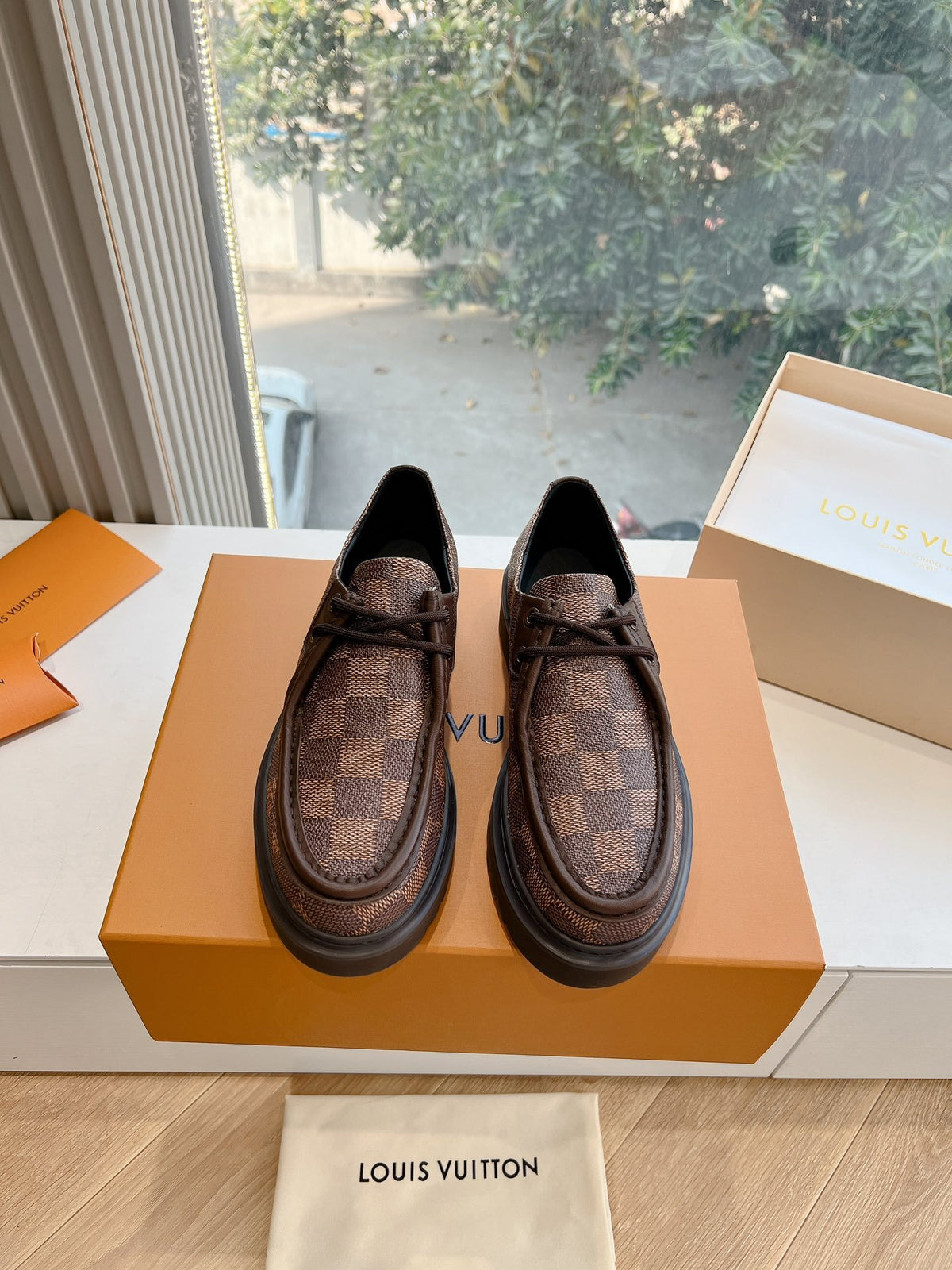LV Women Brown Checkered Leather Loafers