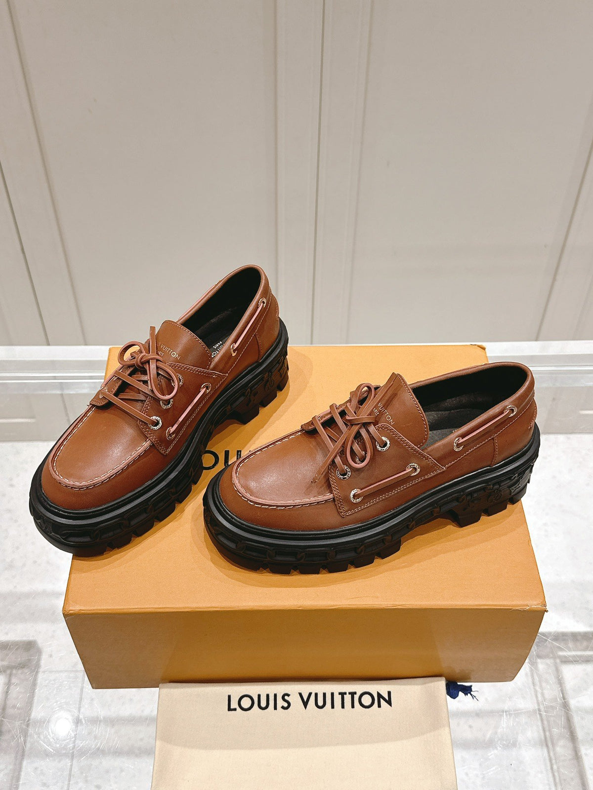LV Women Brown Leather Chunky Sole Loafers