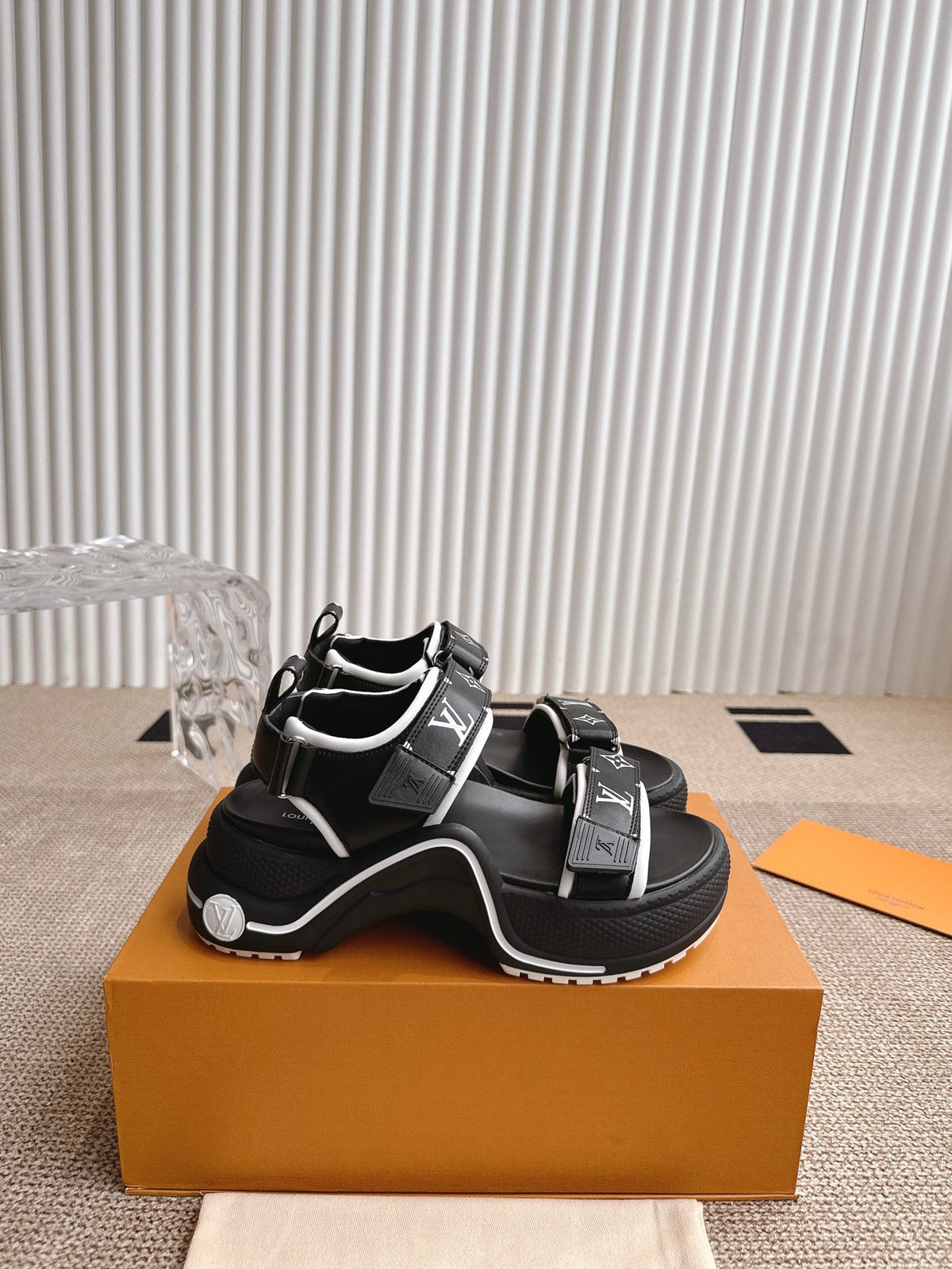 LV Women Black Synthetic Monogram Strap Sandals