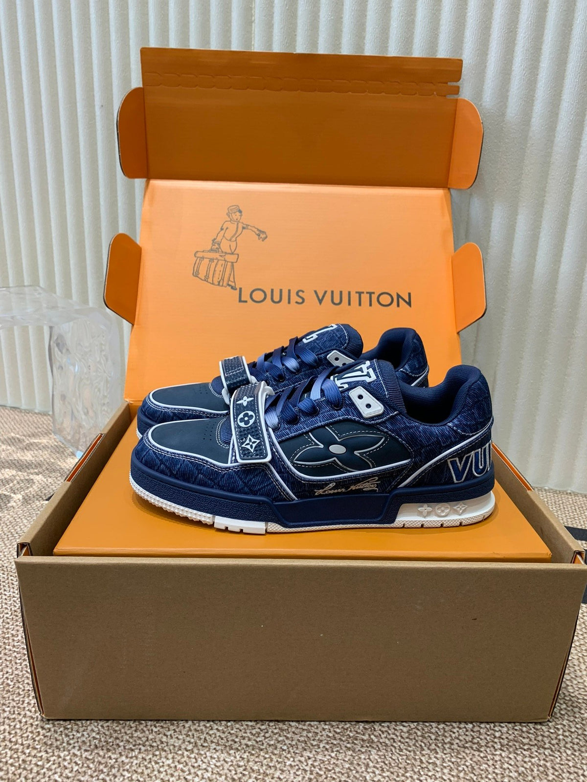 LV Women Navy Canvas Leather Sneakers