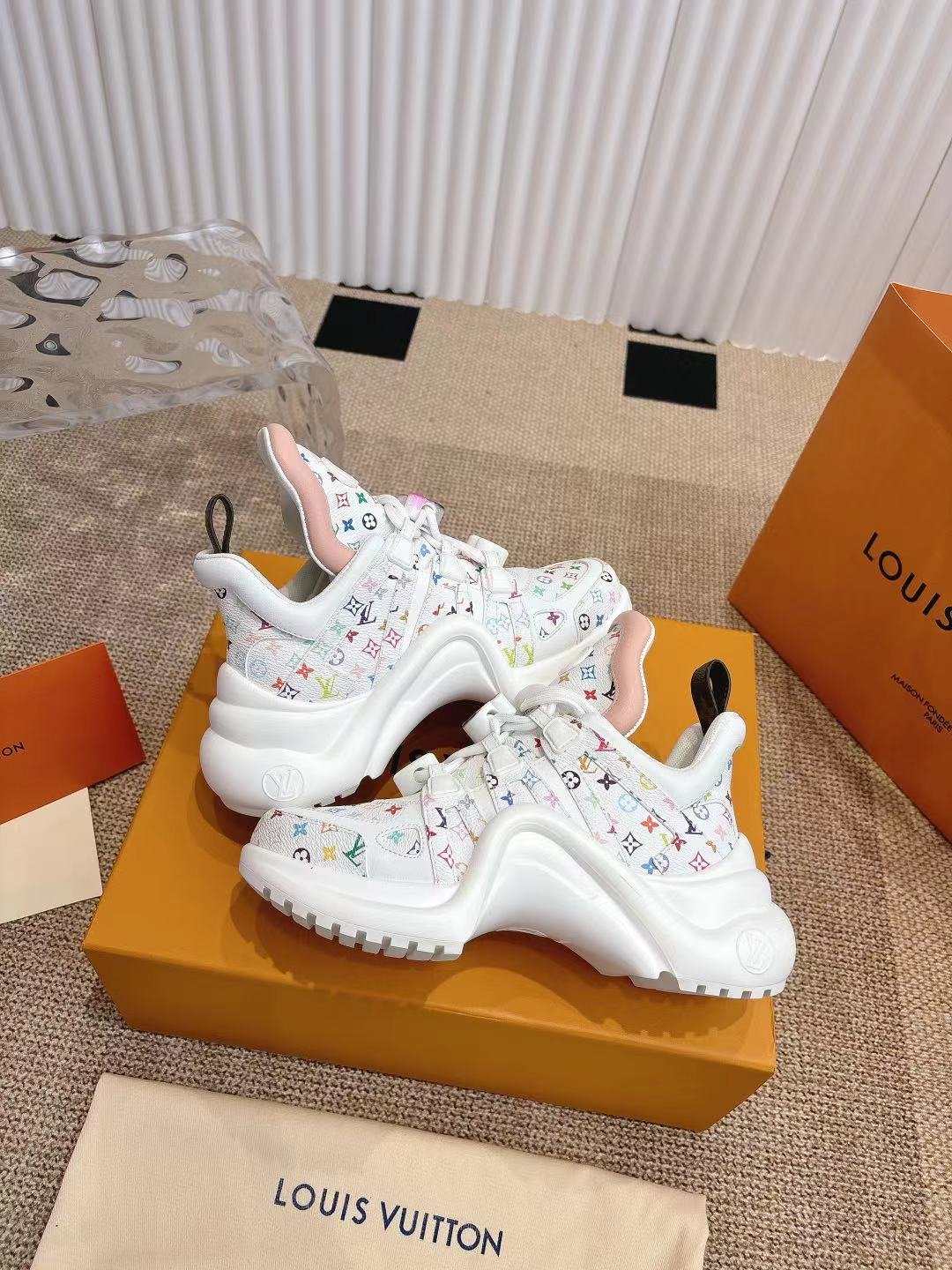 LV Women White Leather Multicolor Logo Sneakers