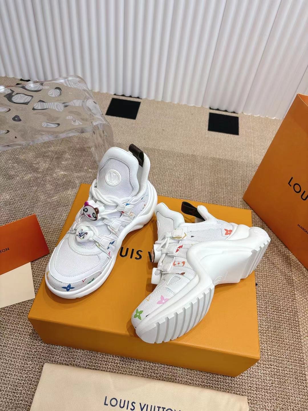 LV Women White Mesh Multicolor Logo Sneakers