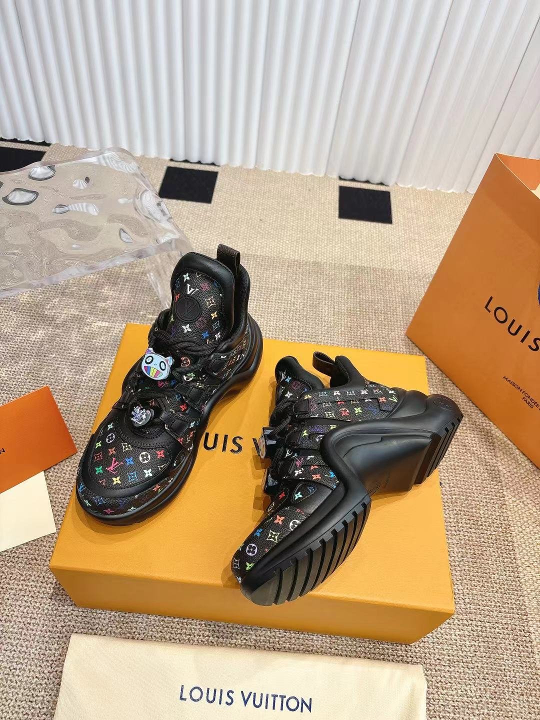 LV Women Black Leather Multicolor Logo Sneakers
