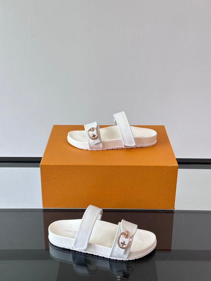 LV Men White Leather Sandals