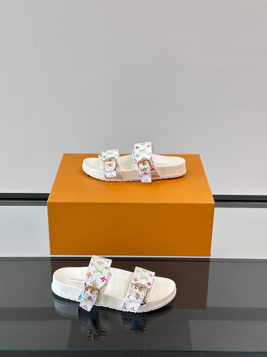 LV Men White Multicolor Pattern Leather Sandals