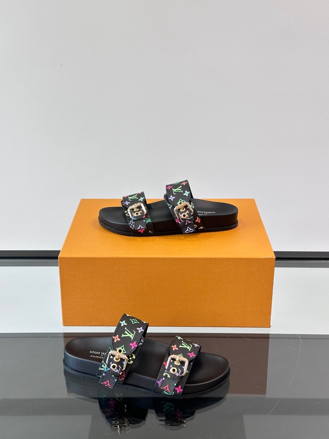 LV Men Black Leather Multicolor Monogram Slides
