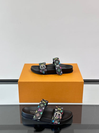 LV Men Black Multicolor Canvas Straps Sandals