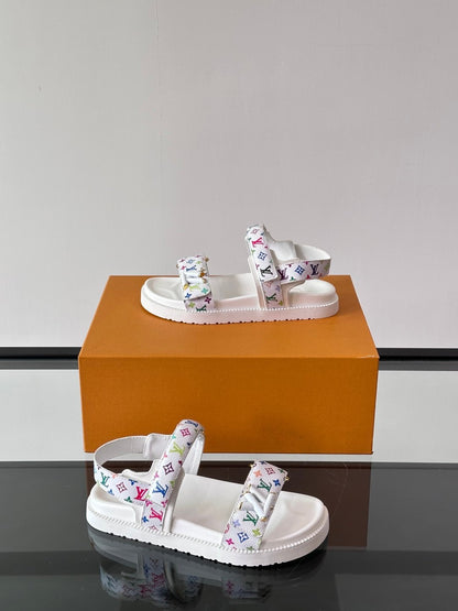 LV Men White Canvas Multicolor Logo Sandals